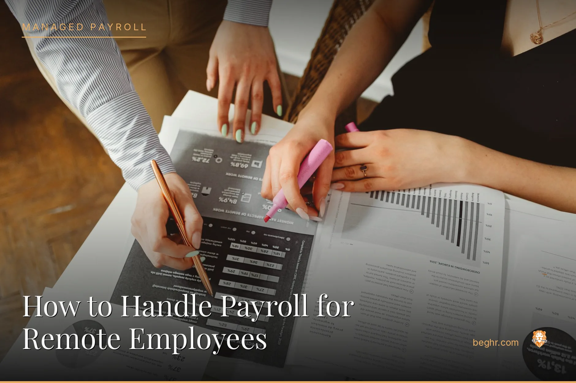 Business professionals reviewing payroll and HR documents in a bright modern office