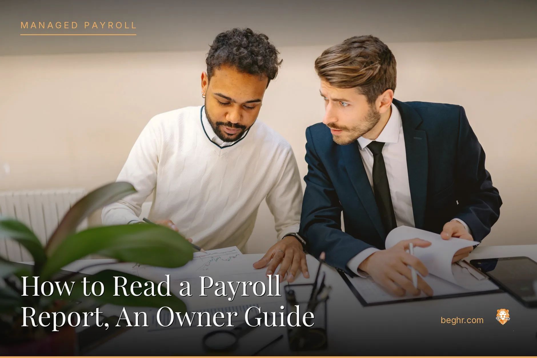 Business professionals reviewing payroll and HR documents in a bright modern office