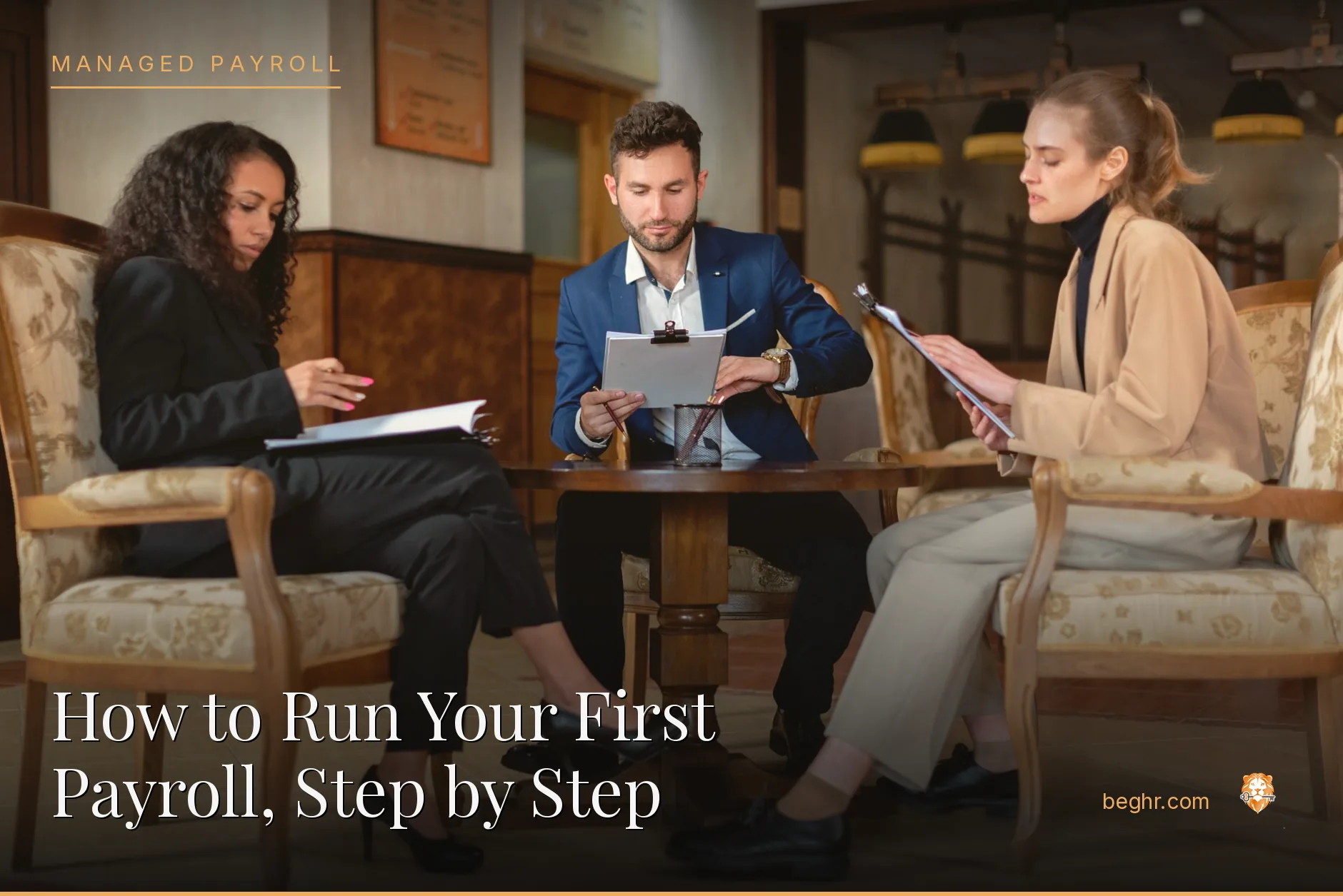 Business professionals reviewing payroll and HR documents in a bright modern office