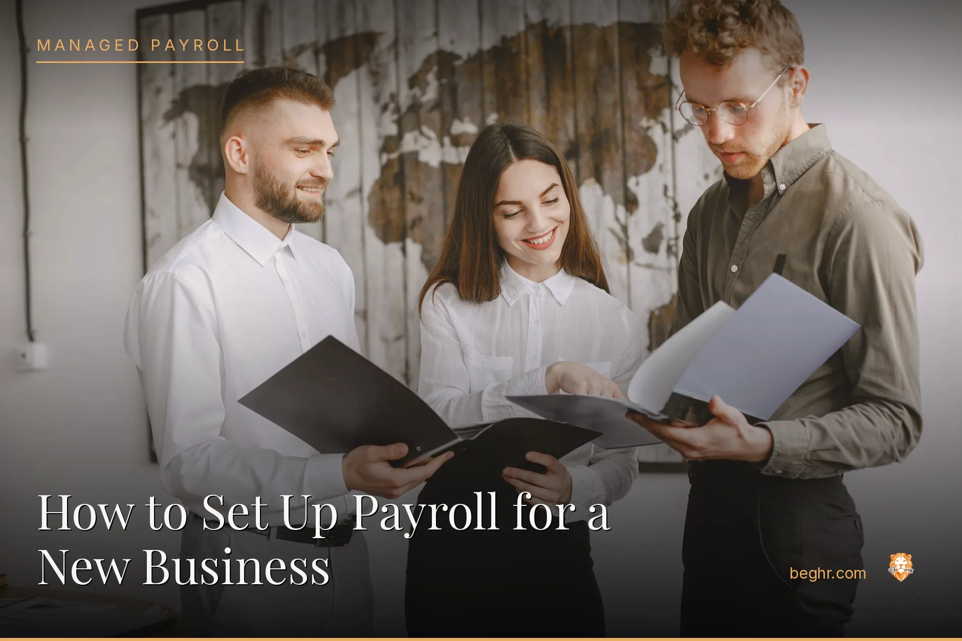 Business professionals reviewing payroll and HR documents in a bright modern office