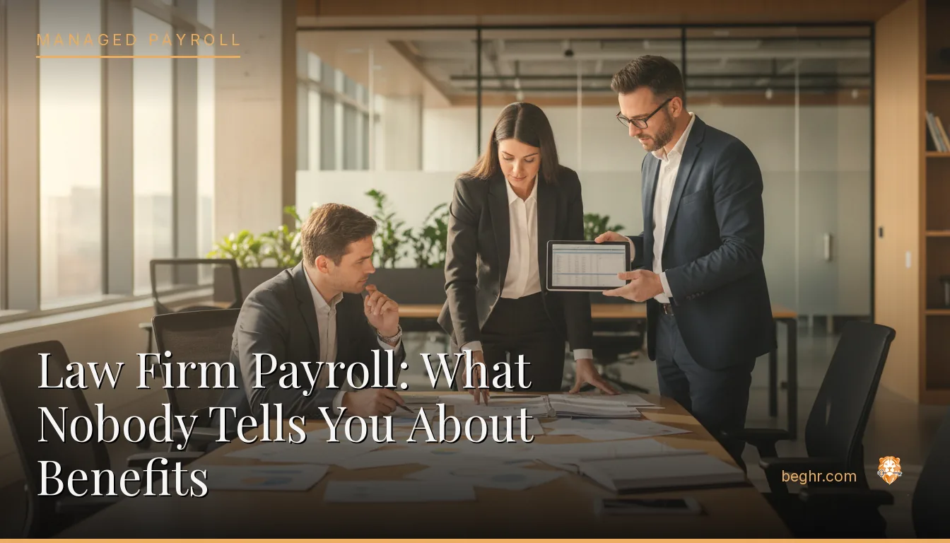 Business professionals reviewing payroll and HR documents in a bright modern office