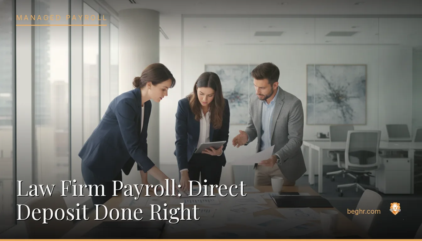 Business professionals reviewing payroll and HR documents in a bright modern office
