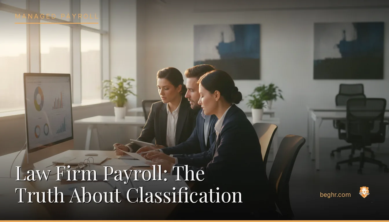 Business professionals reviewing payroll and HR documents in a bright modern office
