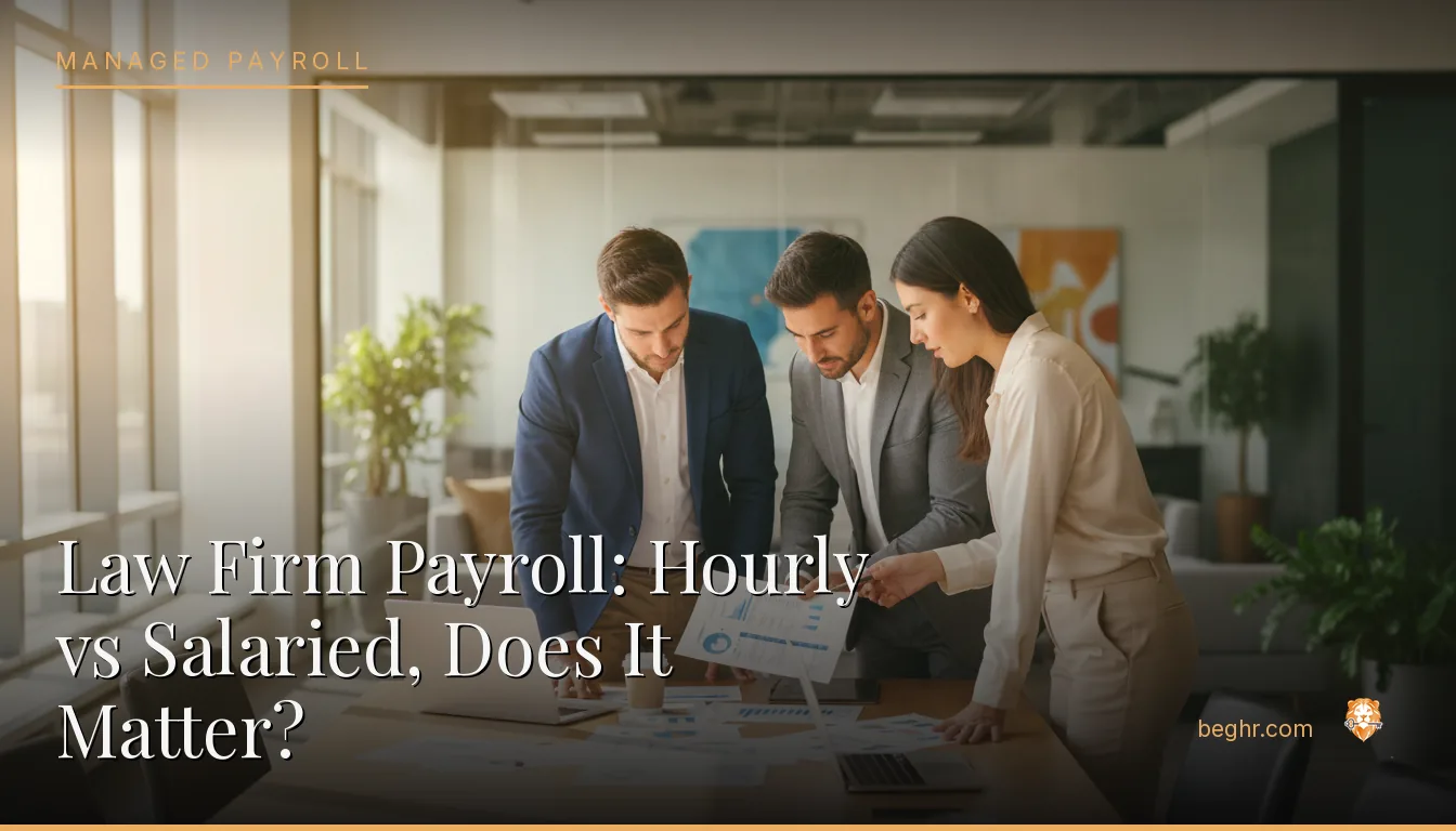 Business professionals reviewing payroll and HR documents in a bright modern office