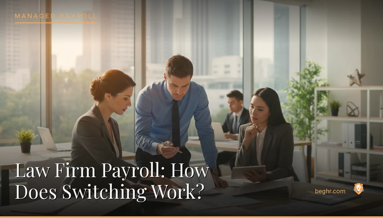 Business professionals reviewing payroll and HR documents in a bright modern office