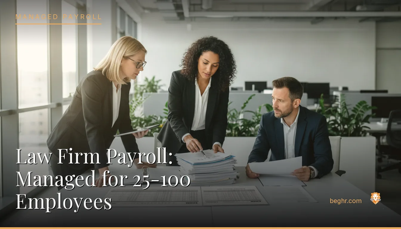 Business professionals reviewing payroll and HR documents in a bright modern office