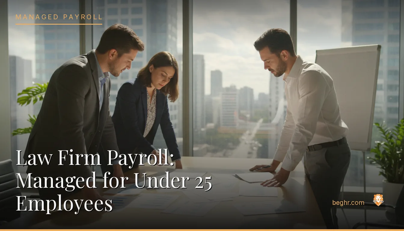 Business professionals reviewing payroll and HR documents in a bright modern office