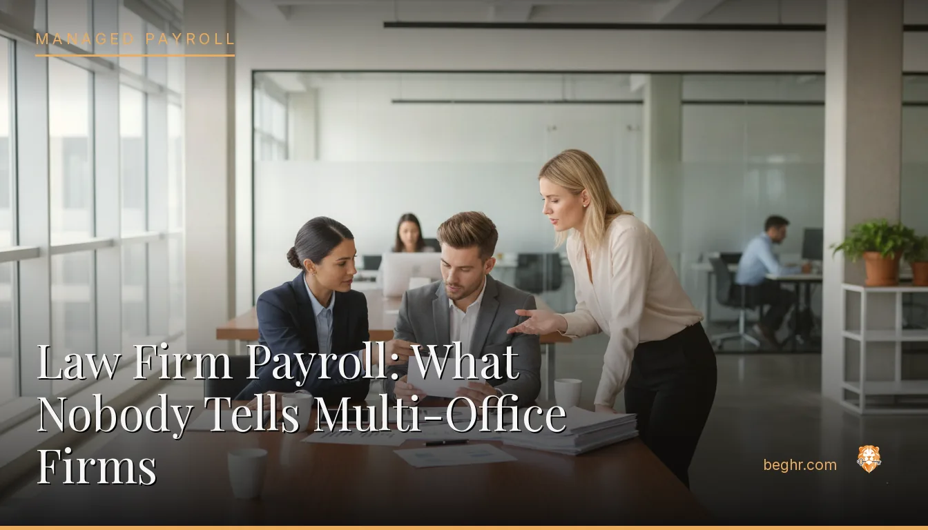 Business professionals reviewing payroll and HR documents in a bright modern office