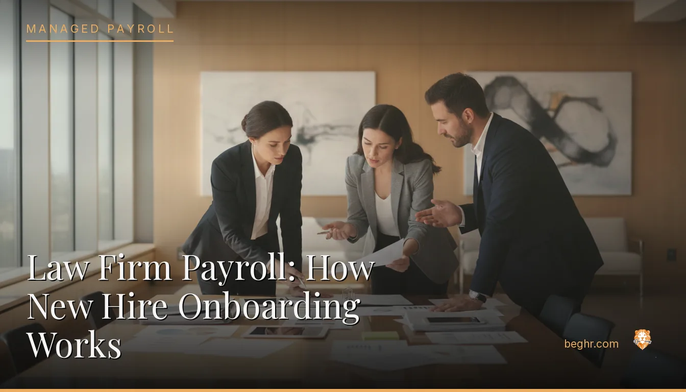Business professionals reviewing payroll and HR documents in a bright modern office