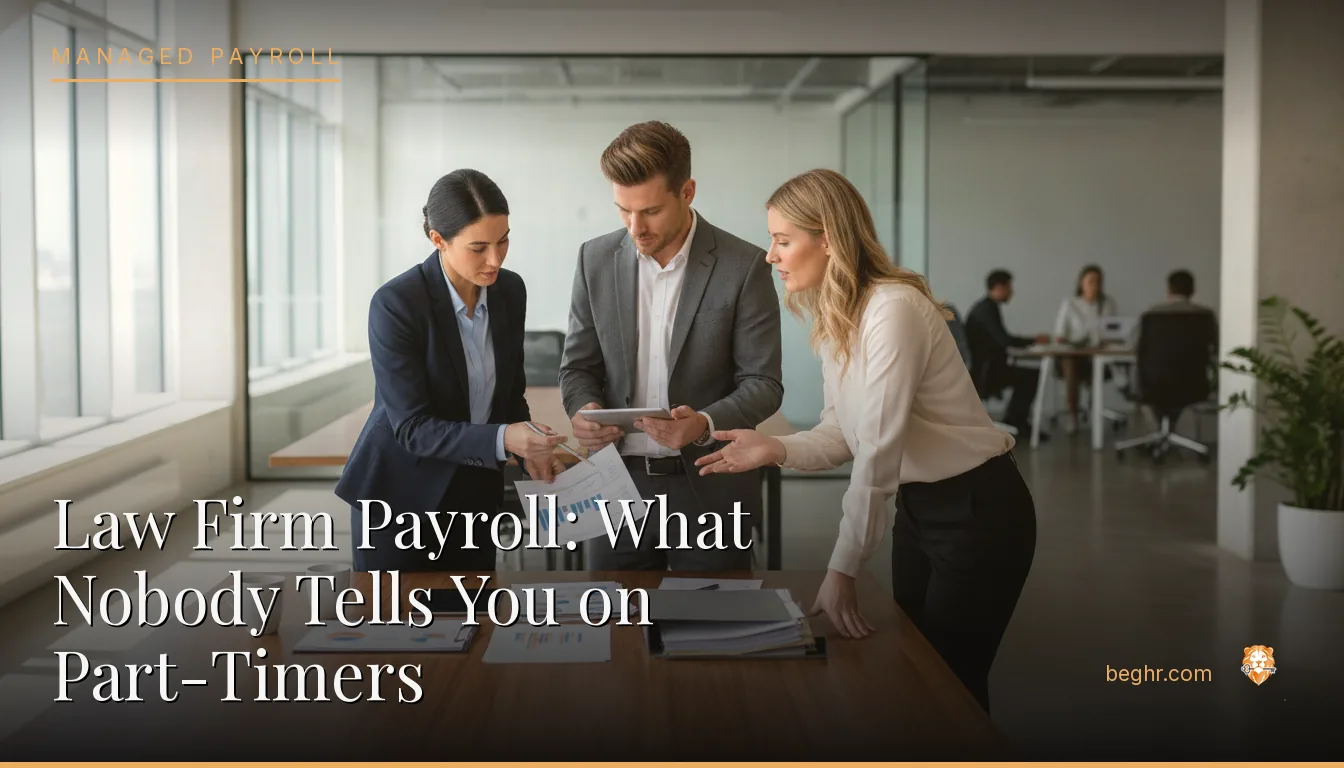 Business professionals reviewing payroll and HR documents in a bright modern office
