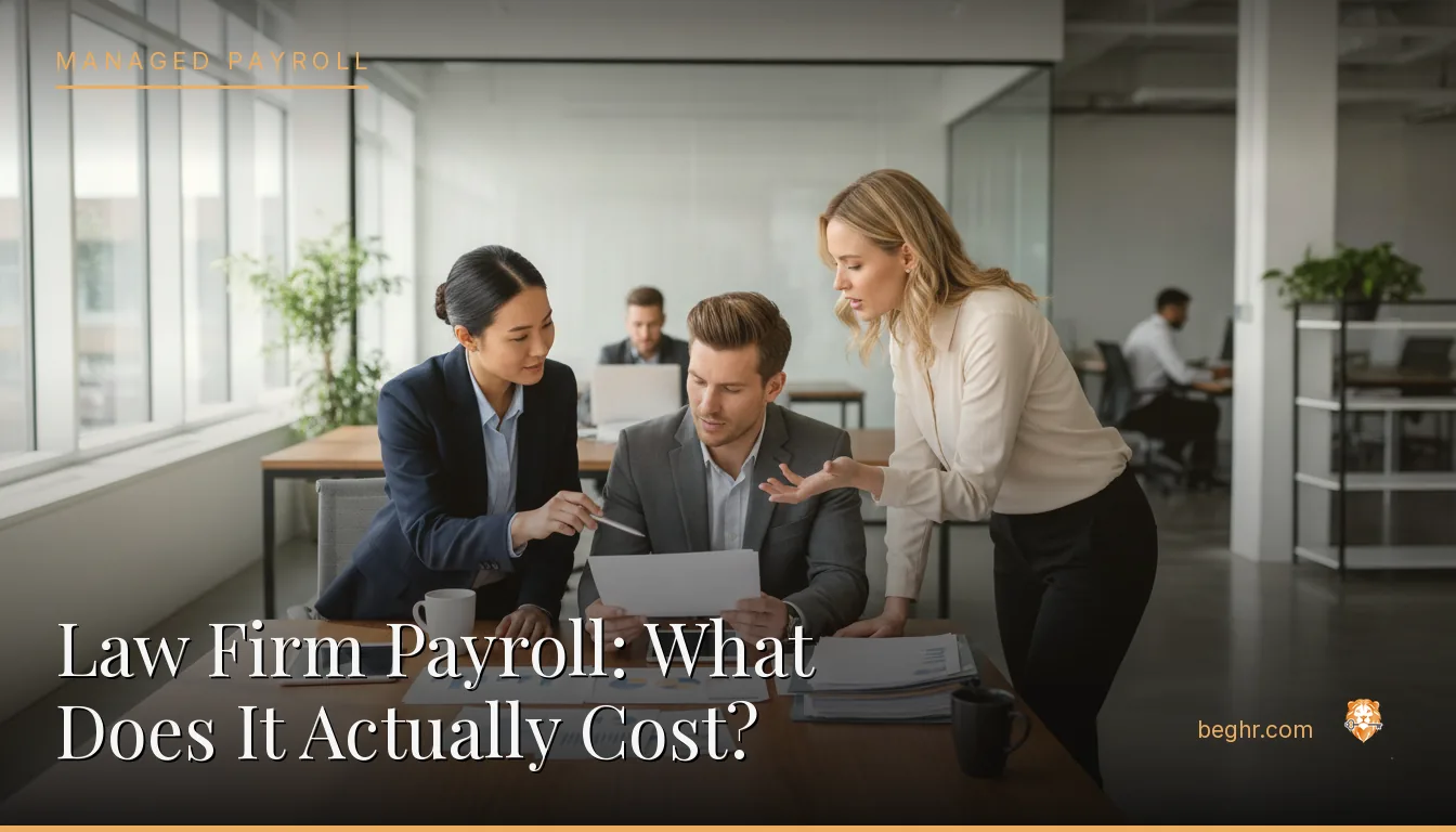 Business professionals reviewing payroll and HR documents in a bright modern office