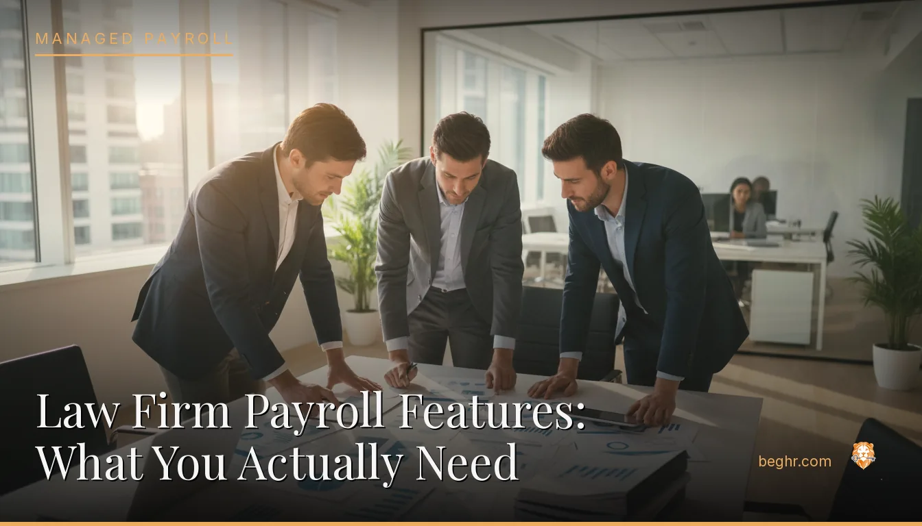 Business professionals reviewing payroll and HR documents in a bright modern office