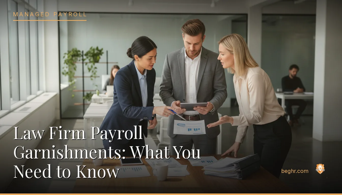 Business professionals reviewing payroll and HR documents in a bright modern office