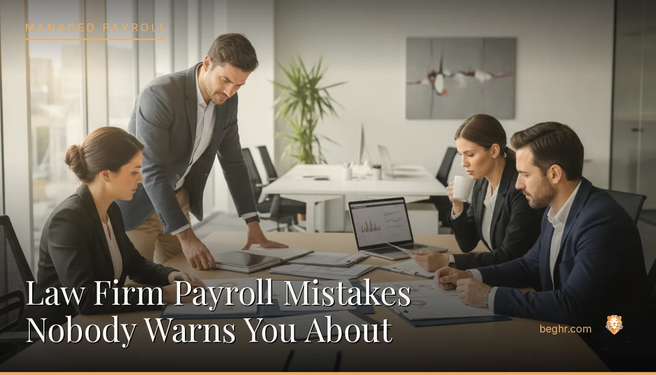 Business professionals reviewing payroll and HR documents in a bright modern office