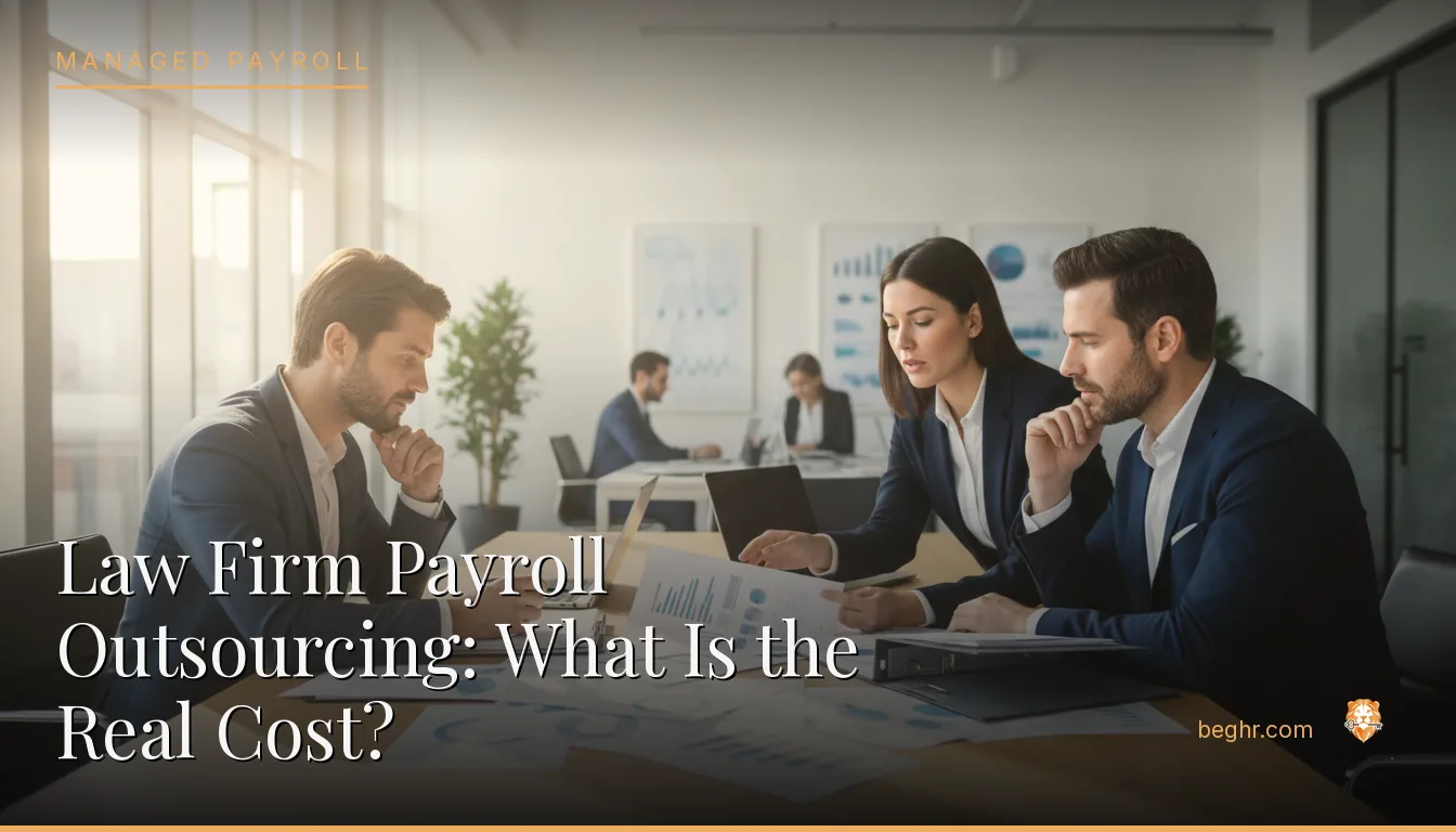 Business professionals reviewing payroll and HR documents in a bright modern office
