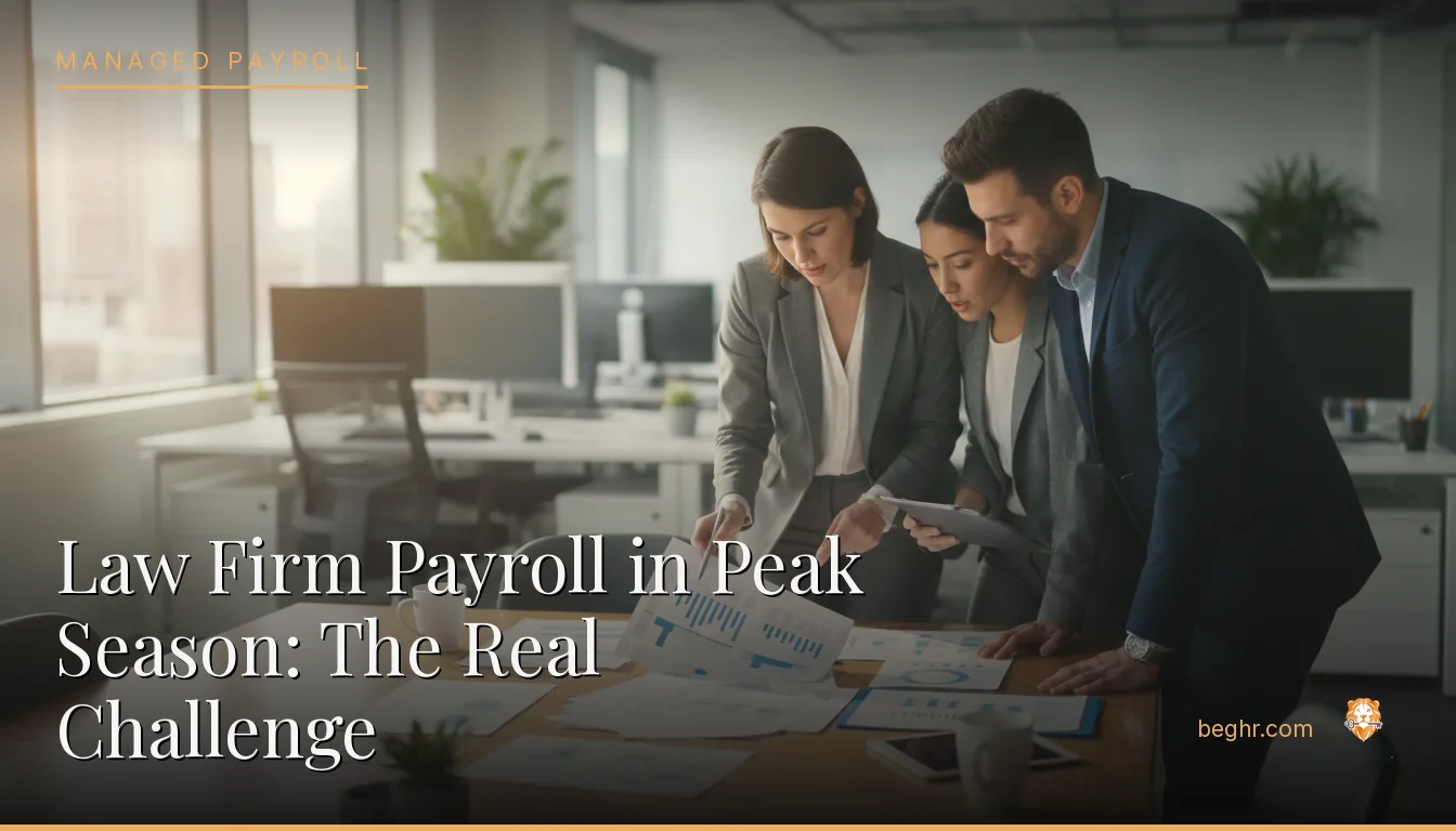 Business professionals reviewing payroll and HR documents in a bright modern office