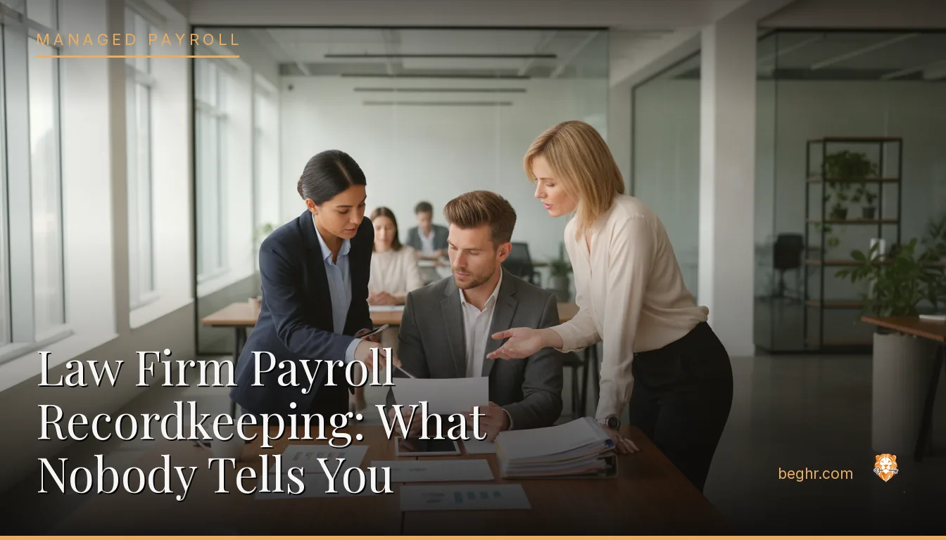 Business professionals reviewing payroll and HR documents in a bright modern office