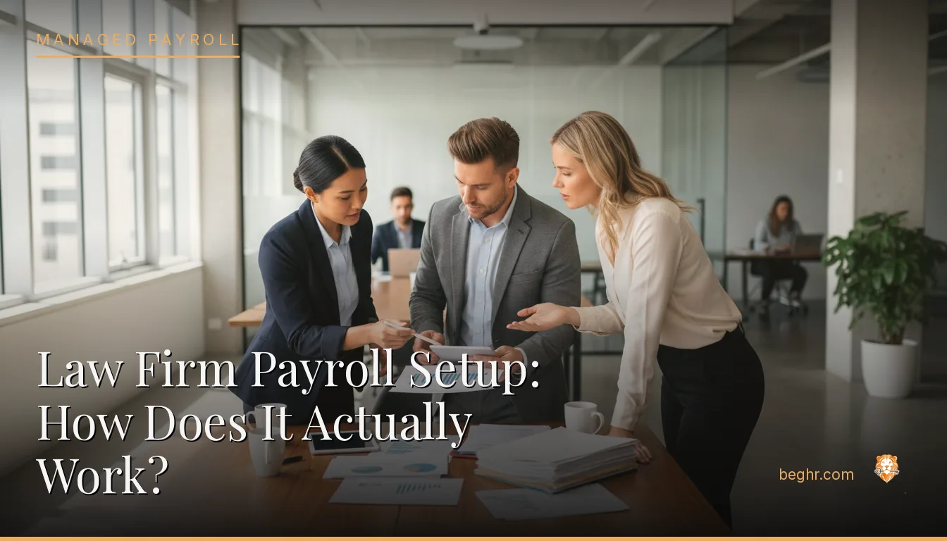 Business professionals reviewing payroll and HR documents in a bright modern office