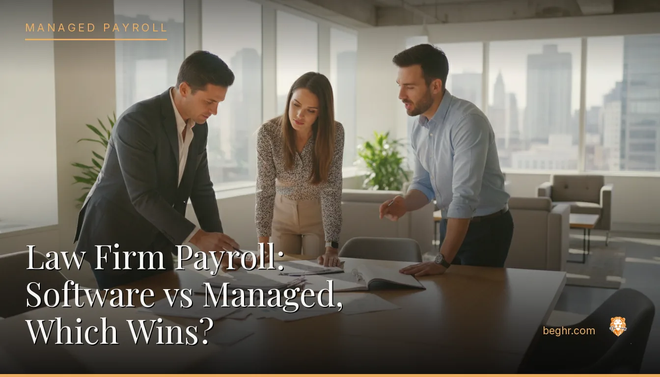 Business professionals reviewing payroll and HR documents in a bright modern office