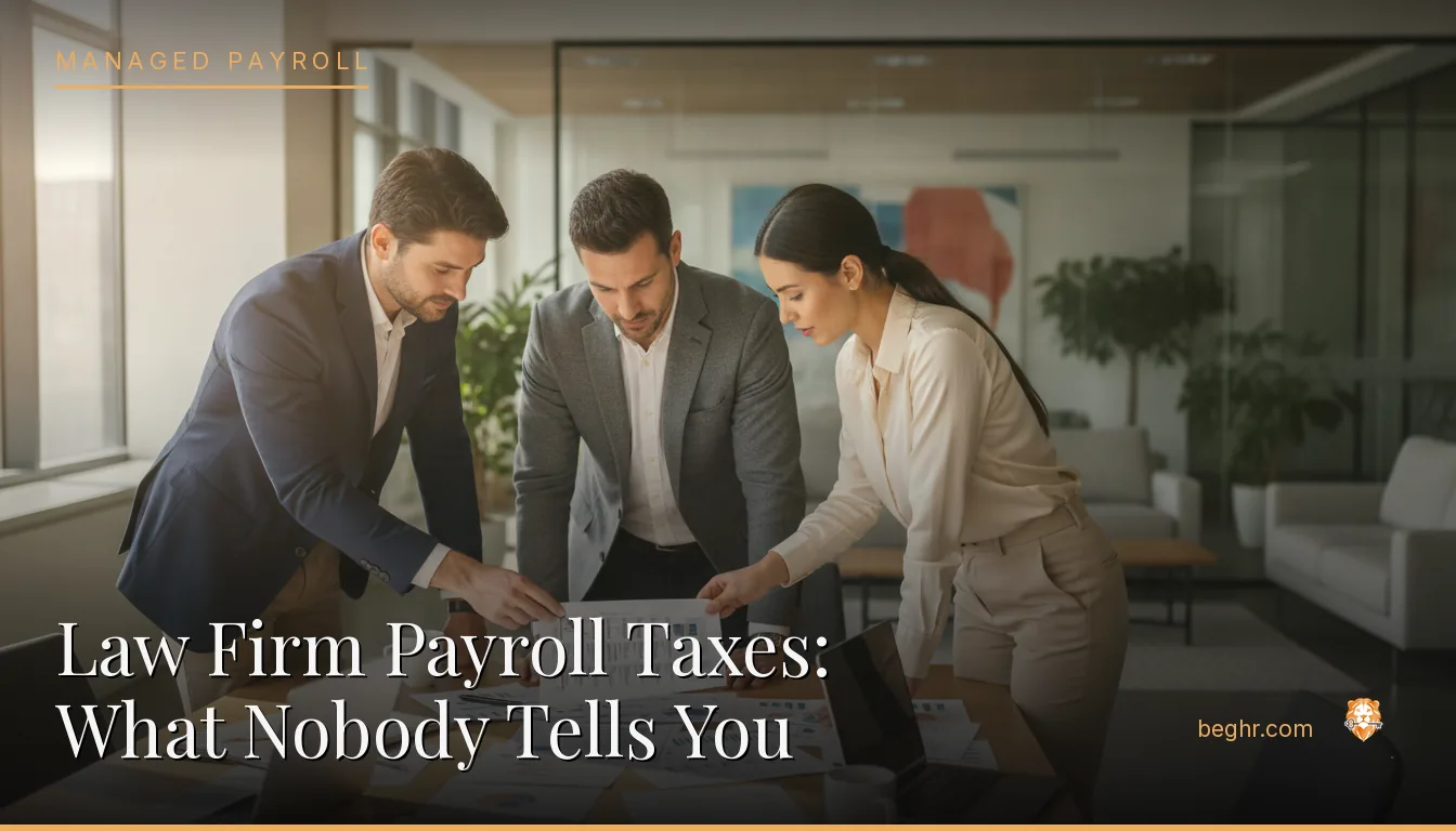Business professionals reviewing payroll and HR documents in a bright modern office