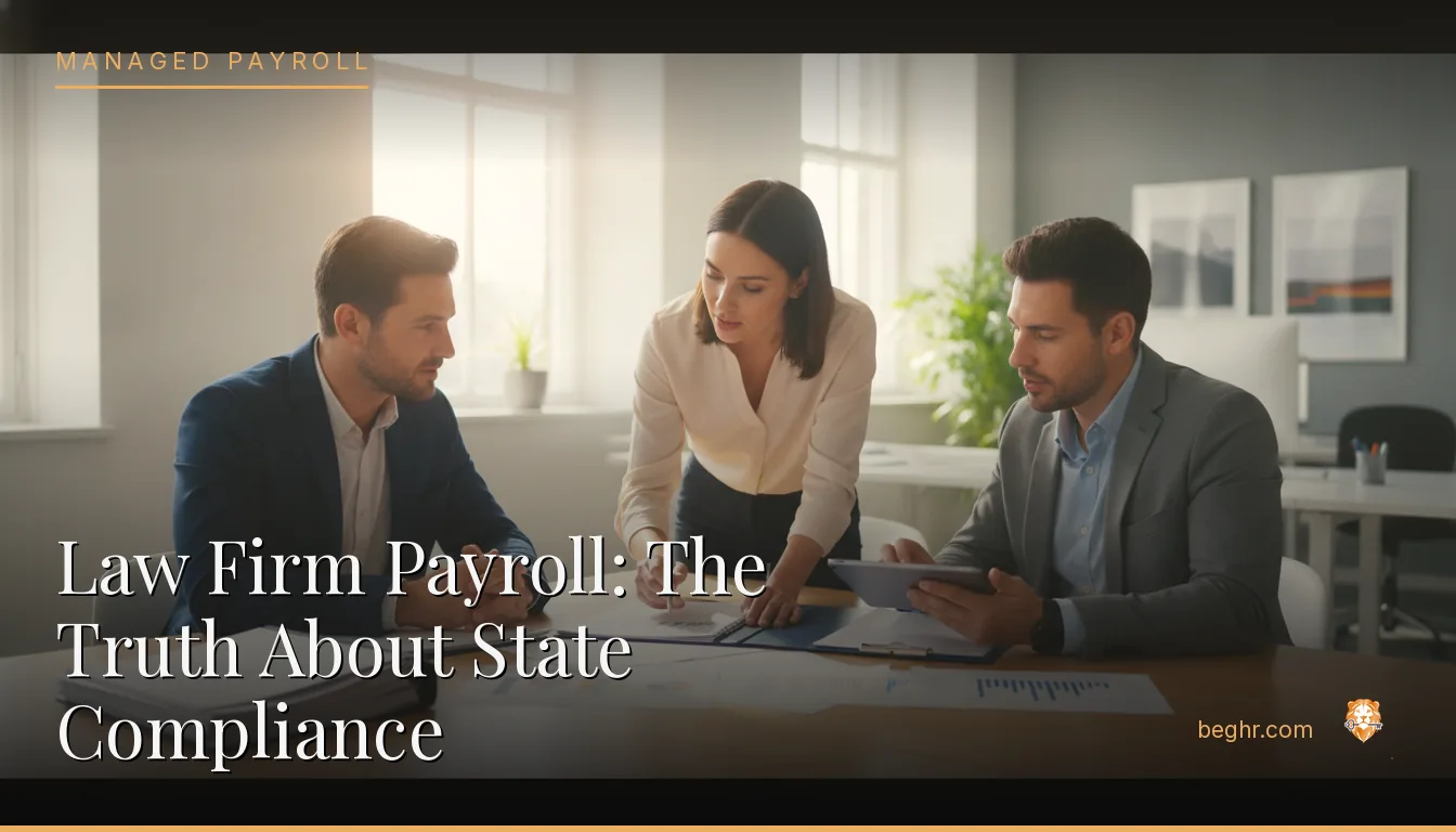 Business professionals reviewing payroll and HR documents in a bright modern office