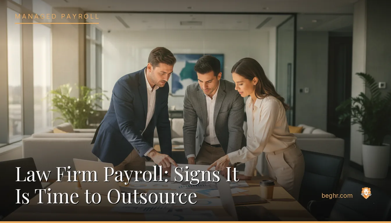 Business professionals reviewing payroll and HR documents in a bright modern office