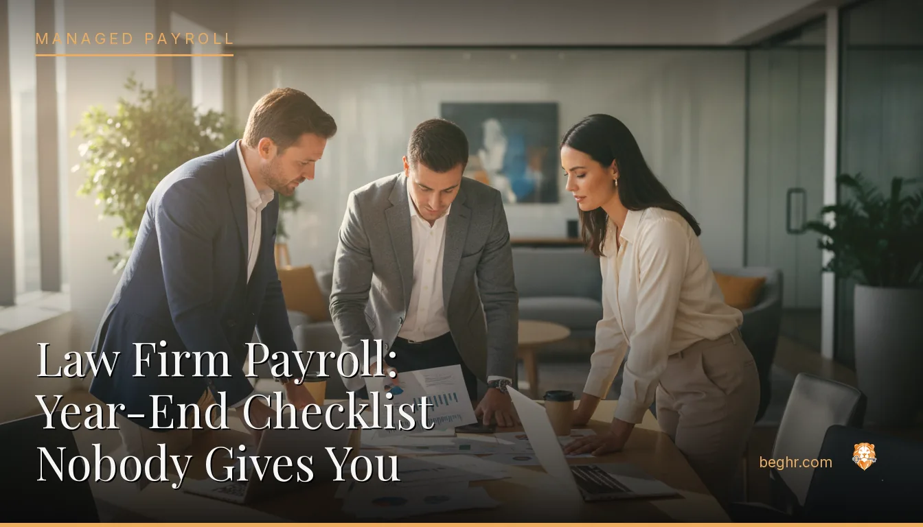 Business professionals reviewing payroll and HR documents in a bright modern office