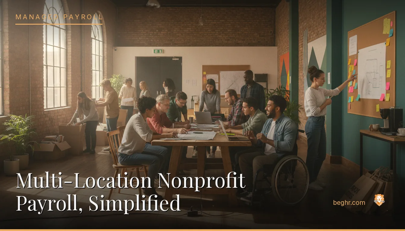 A nonprofit team and volunteers collaborating in a community space
