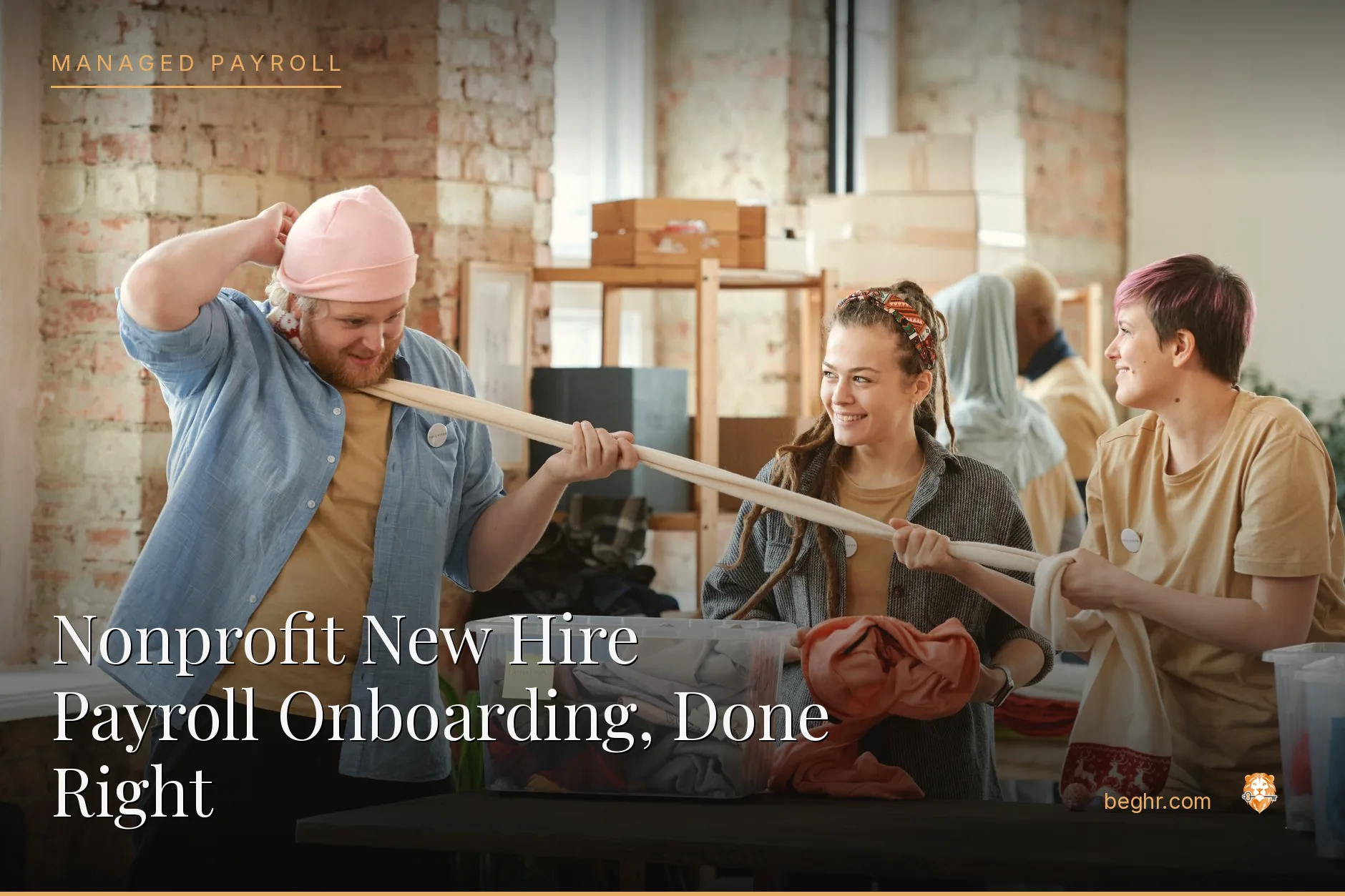 A nonprofit team and volunteers collaborating in a community space