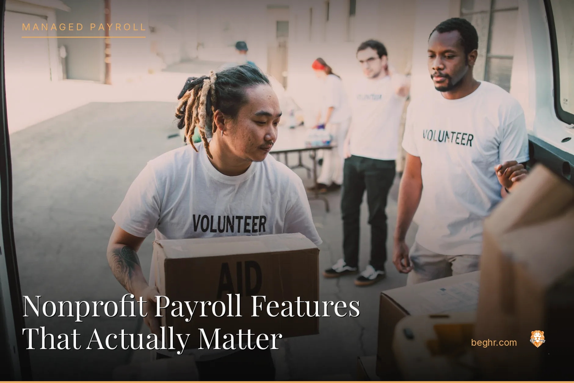 A nonprofit team and volunteers collaborating in a community space