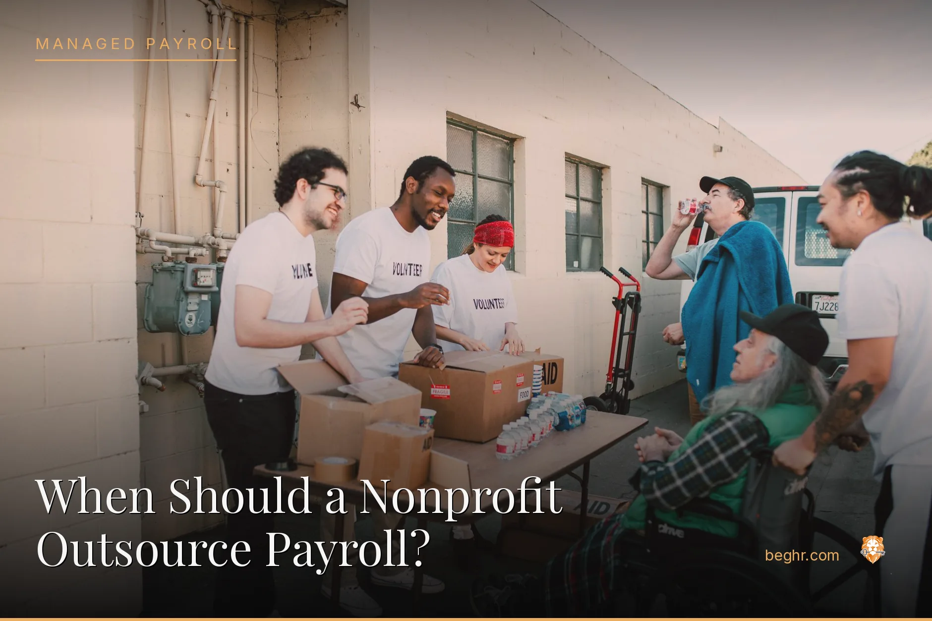A nonprofit team and volunteers collaborating in a community space