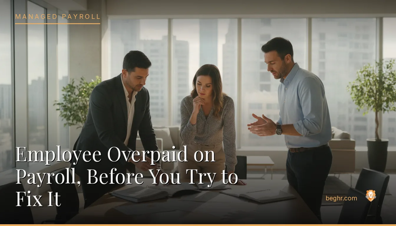 Business professionals reviewing payroll and HR documents in a bright modern office
