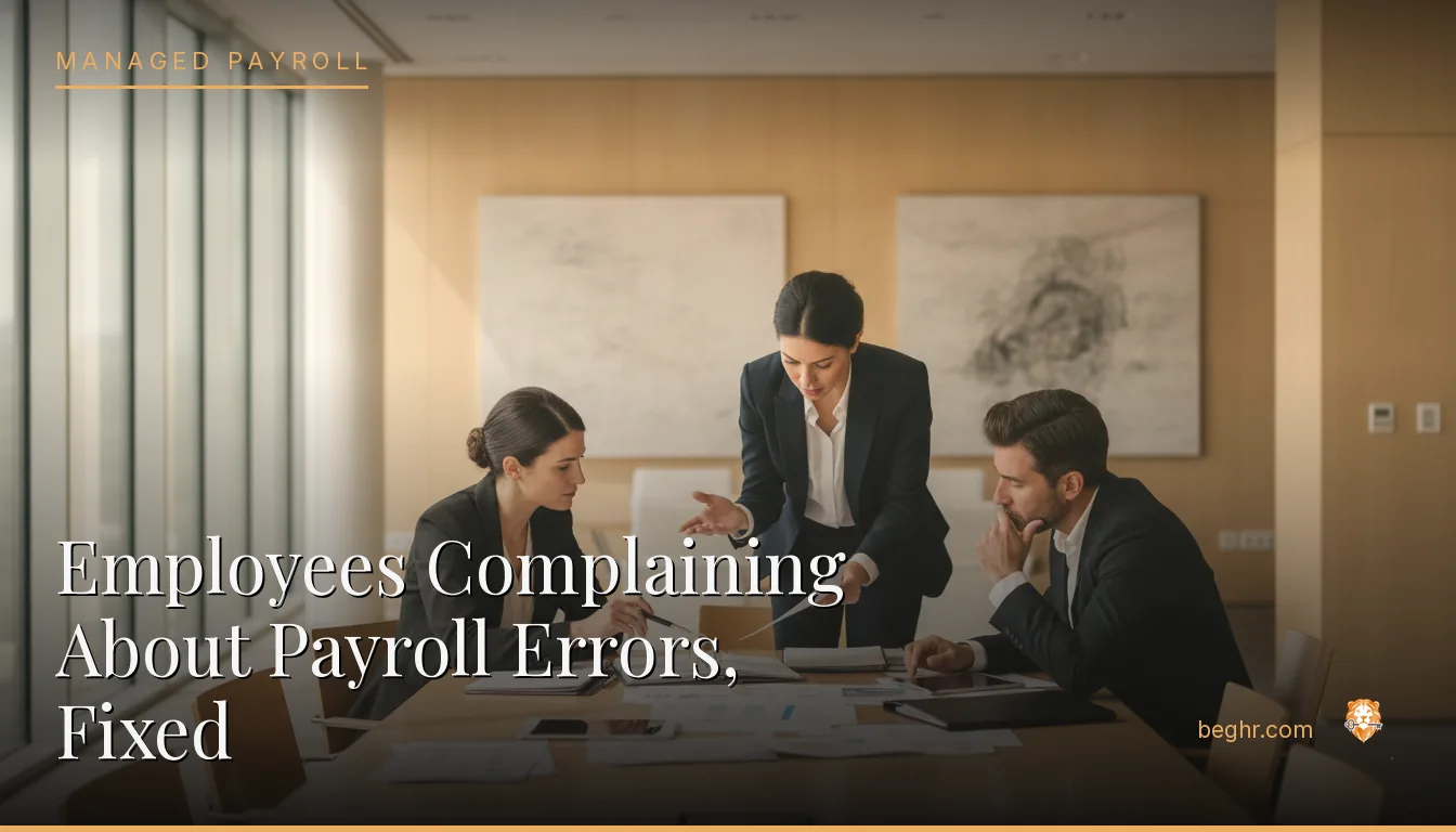 Business professionals reviewing payroll and HR documents in a bright modern office
