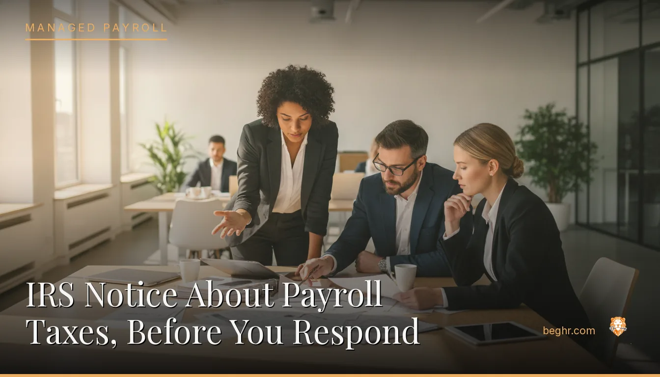 Business professionals reviewing payroll and HR documents in a bright modern office