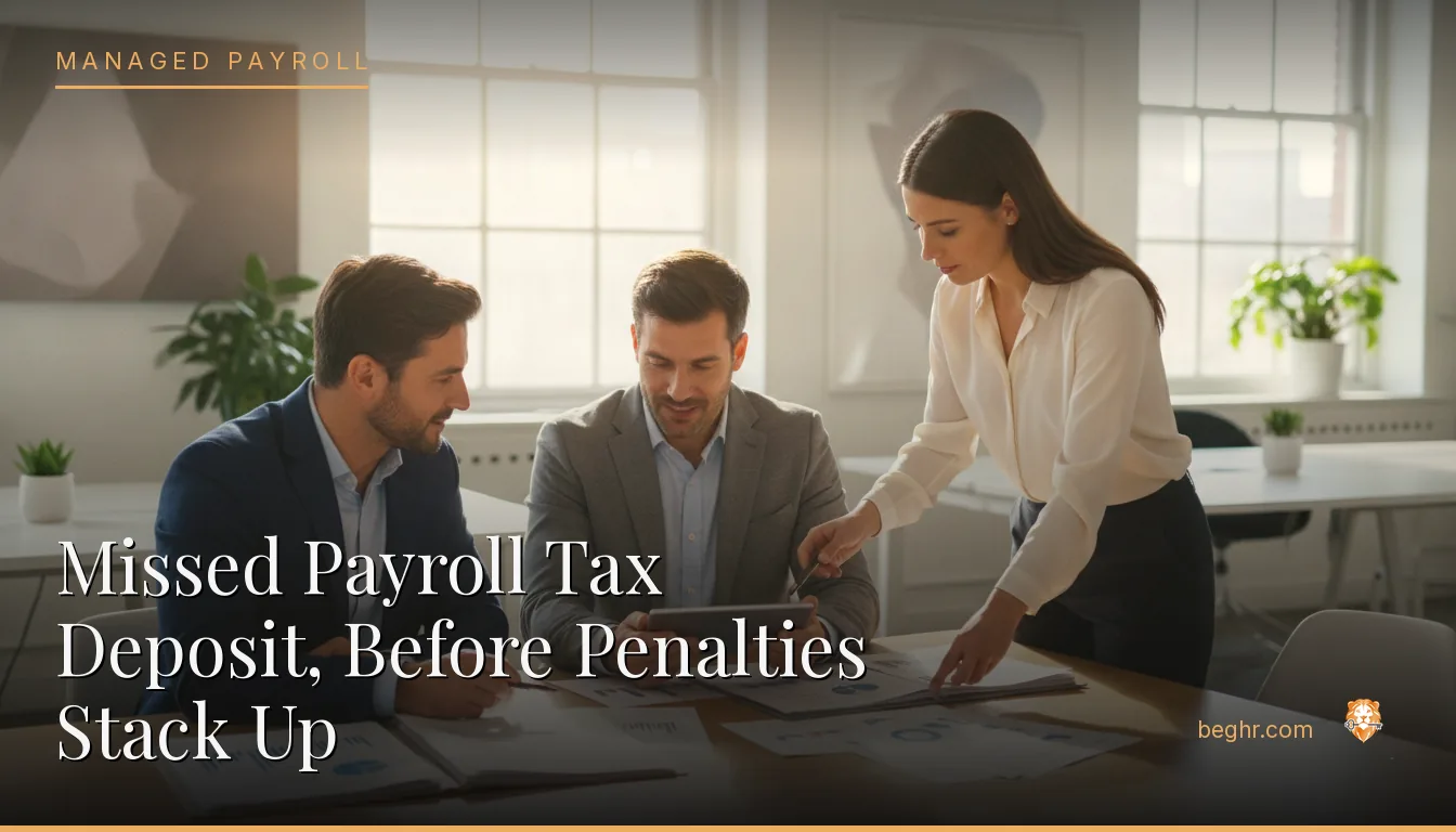 Business professionals reviewing payroll and HR documents in a bright modern office