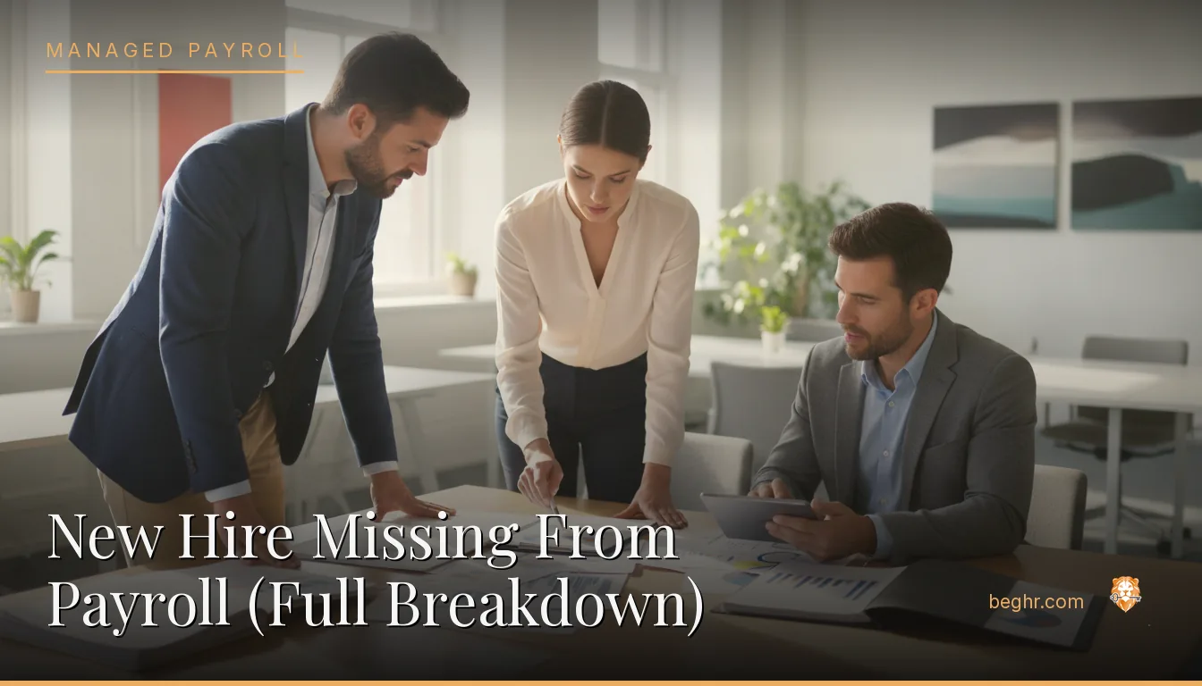 Business professionals reviewing payroll and HR documents in a bright modern office