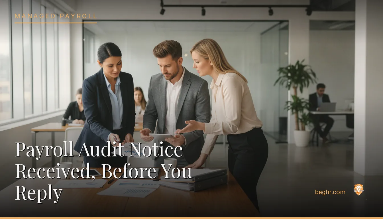 Business professionals reviewing payroll and HR documents in a bright modern office