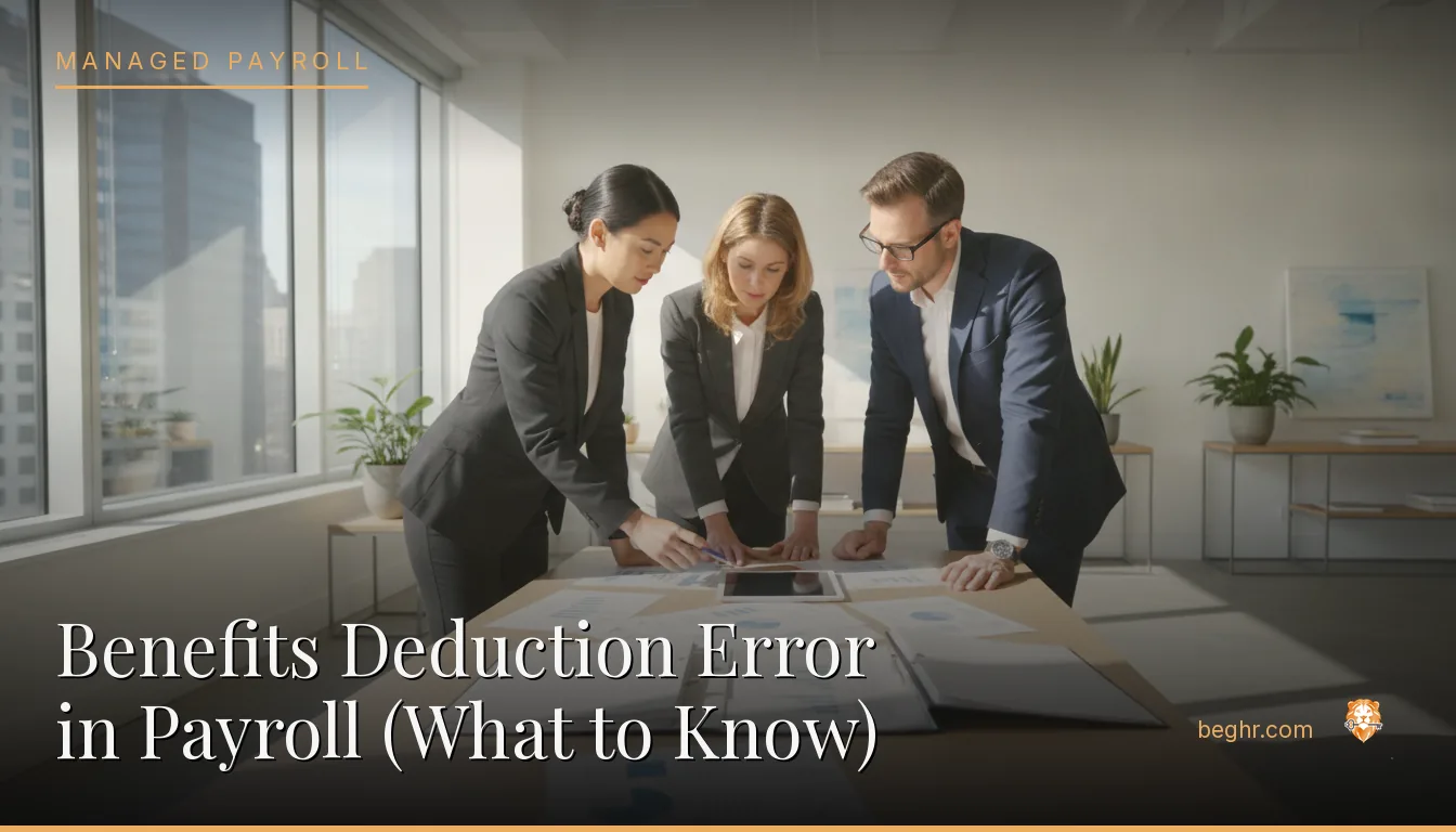 Business professionals reviewing payroll and HR documents in a bright modern office