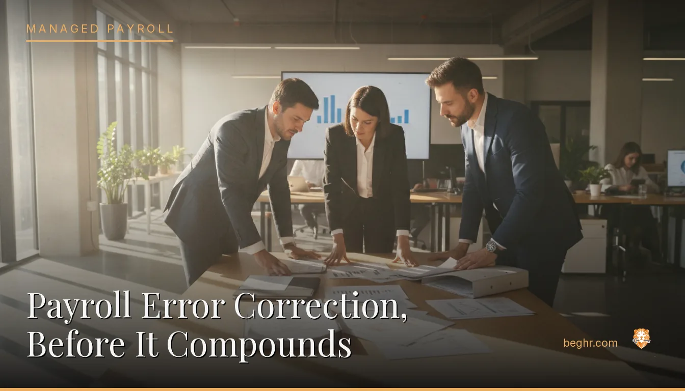 Business professionals reviewing payroll and HR documents in a bright modern office