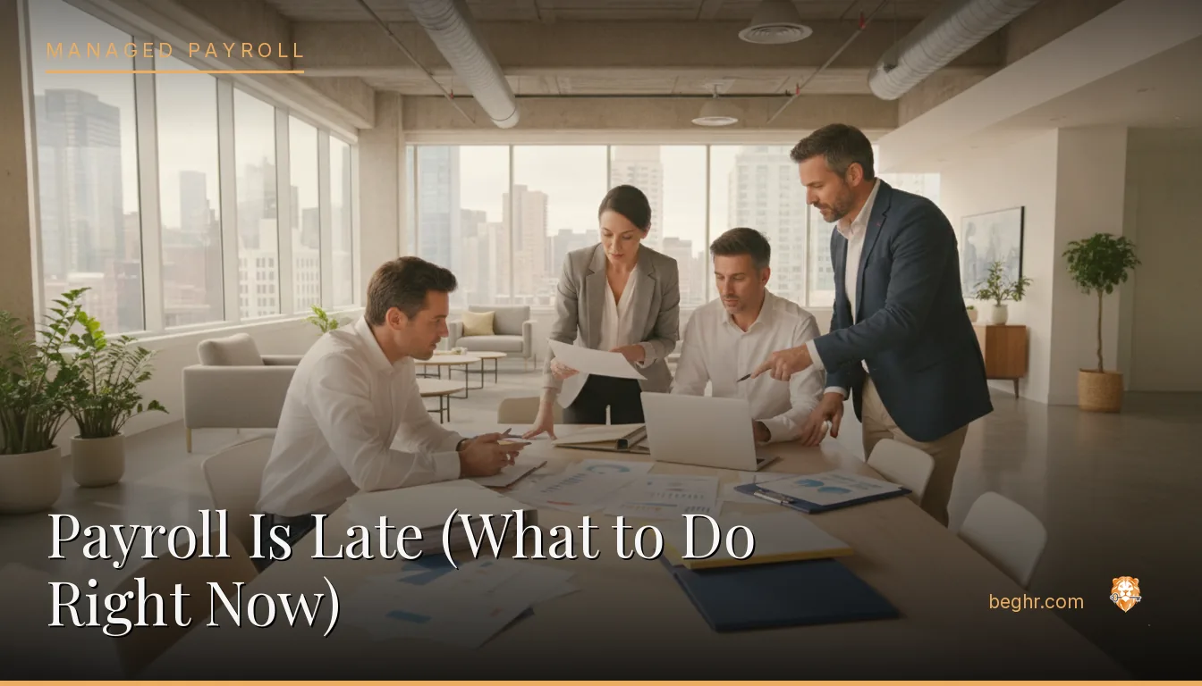 Business professionals reviewing payroll and HR documents in a bright modern office