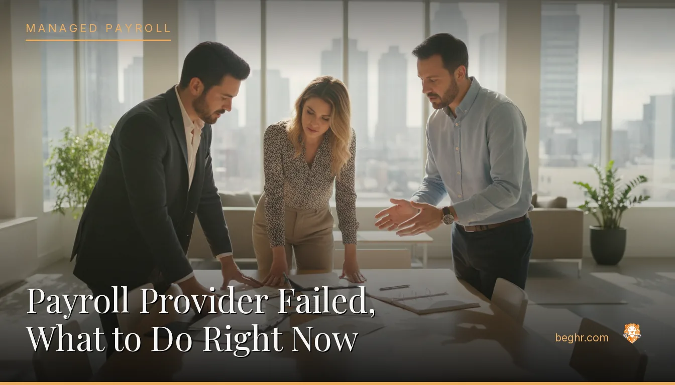 Business professionals reviewing payroll and HR documents in a bright modern office