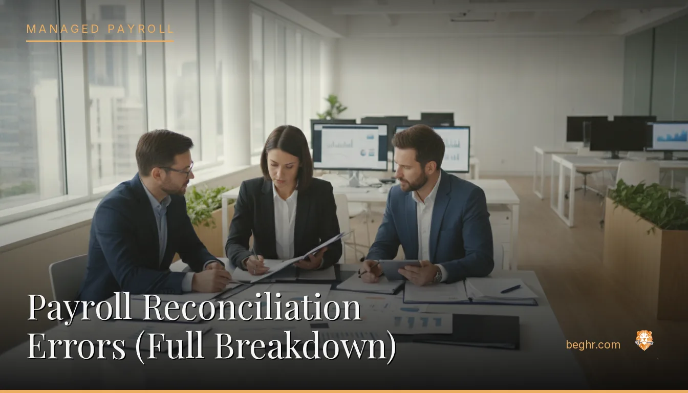 Business professionals reviewing payroll and HR documents in a bright modern office