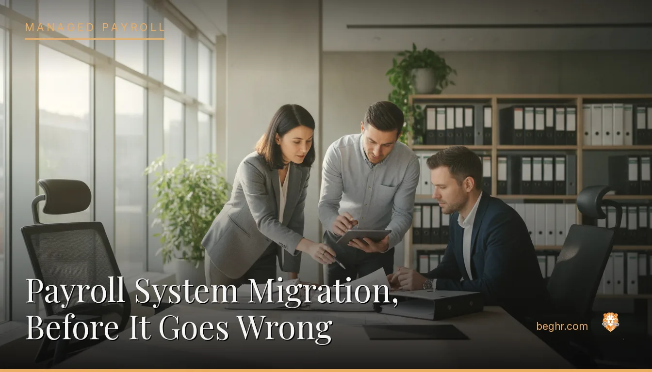 Business professionals reviewing payroll and HR documents in a bright modern office