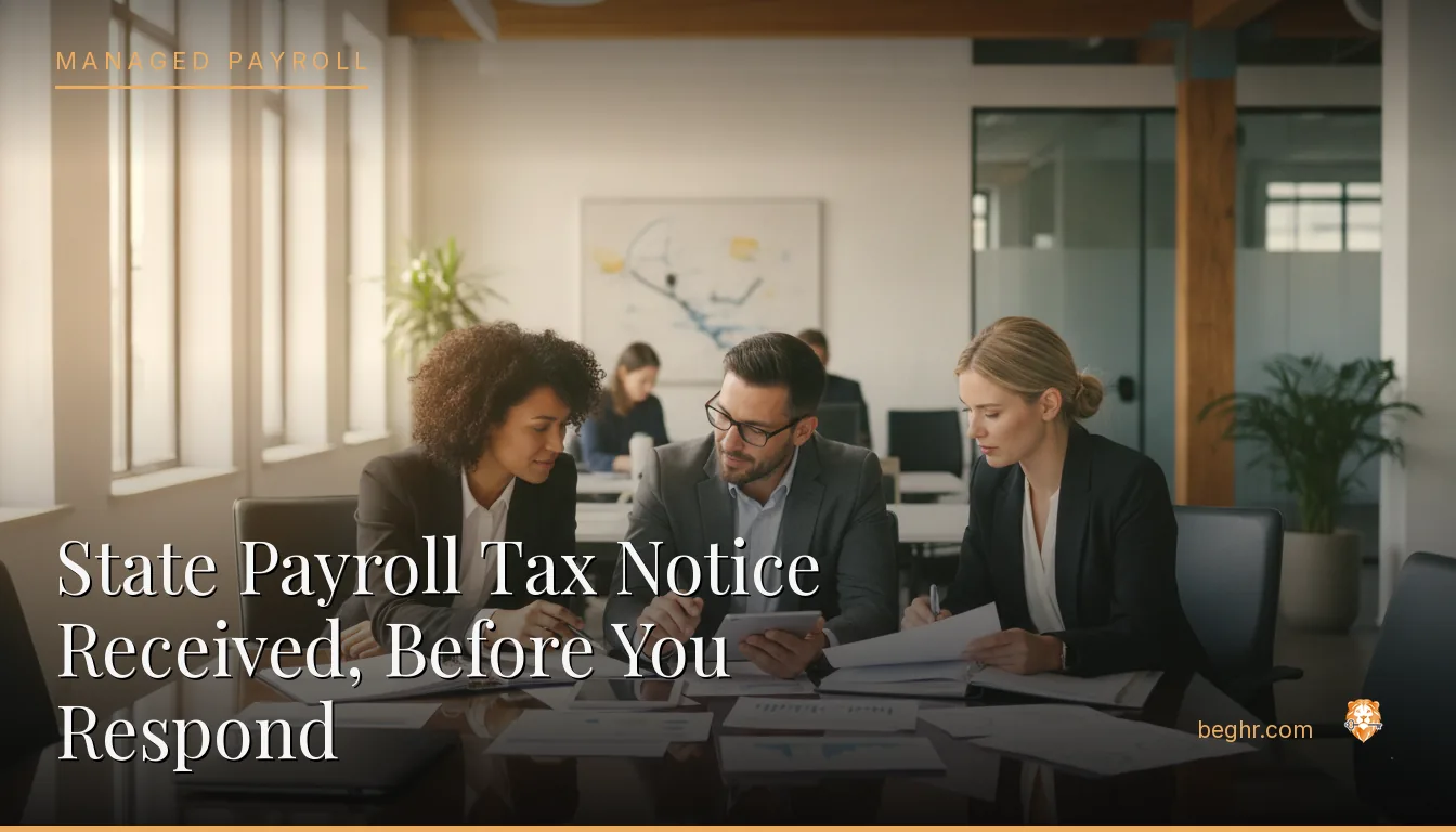Business professionals reviewing payroll and HR documents in a bright modern office