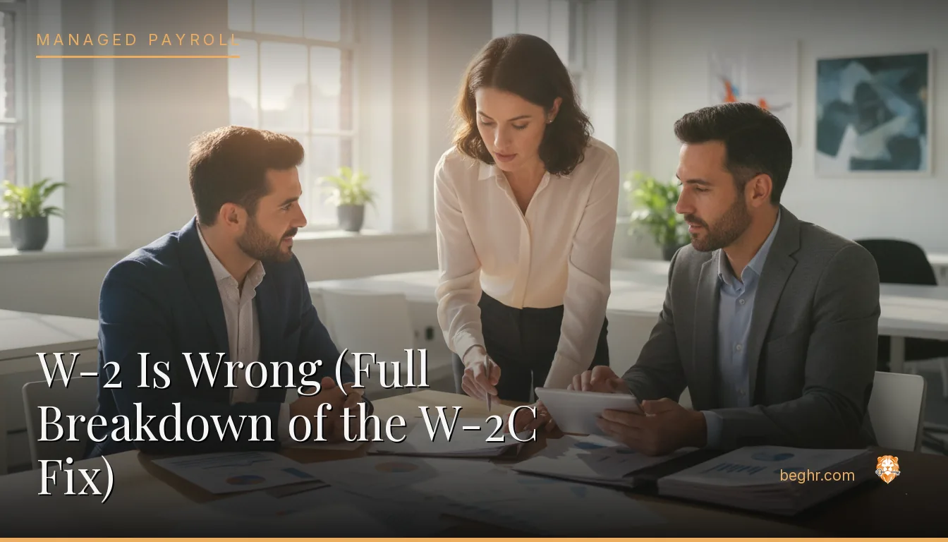 Business professionals reviewing payroll and HR documents in a bright modern office