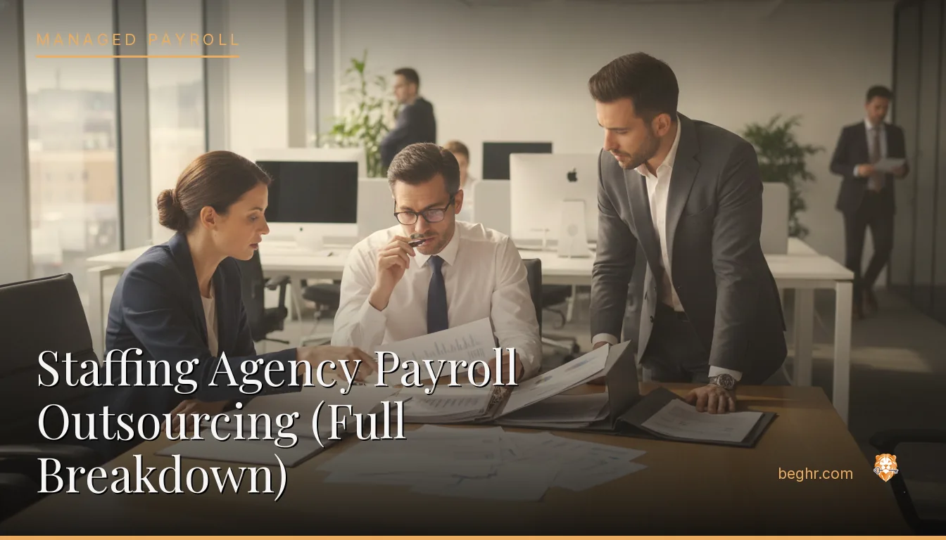 Business professionals reviewing payroll and HR documents in a bright modern office