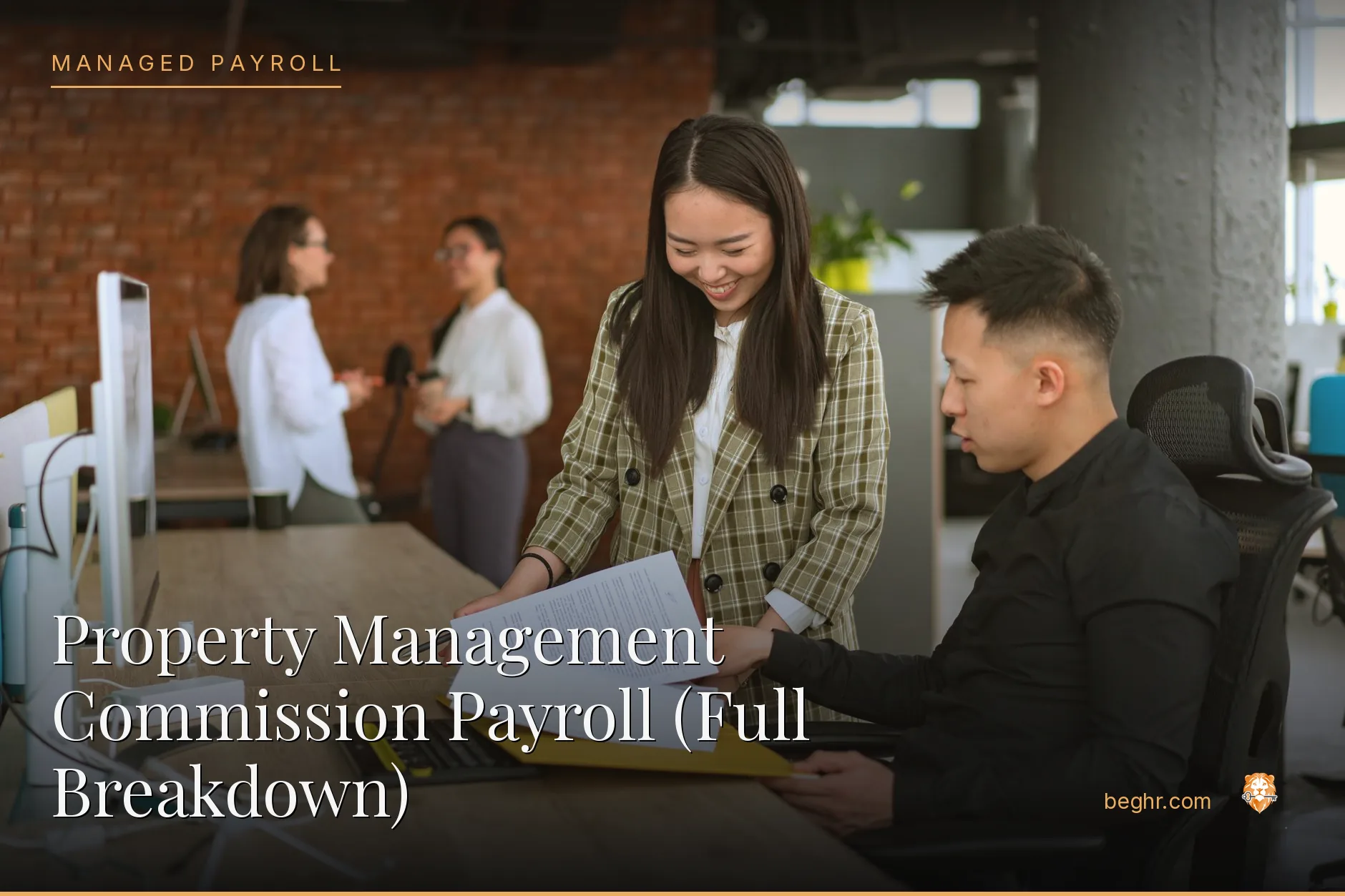 Business professionals reviewing payroll and HR documents in a bright modern office