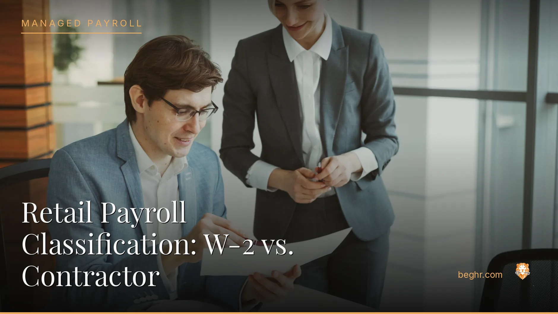 Business professionals reviewing payroll and HR documents in a bright modern office