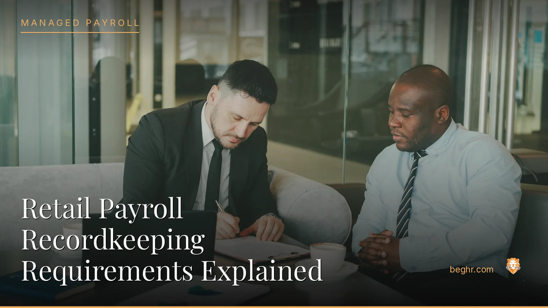 Business professionals reviewing payroll and HR documents in a bright modern office