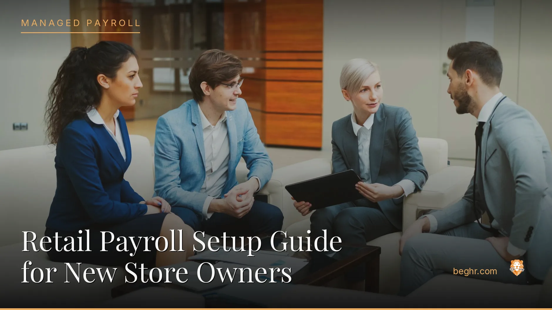 Business professionals reviewing payroll and HR documents in a bright modern office
